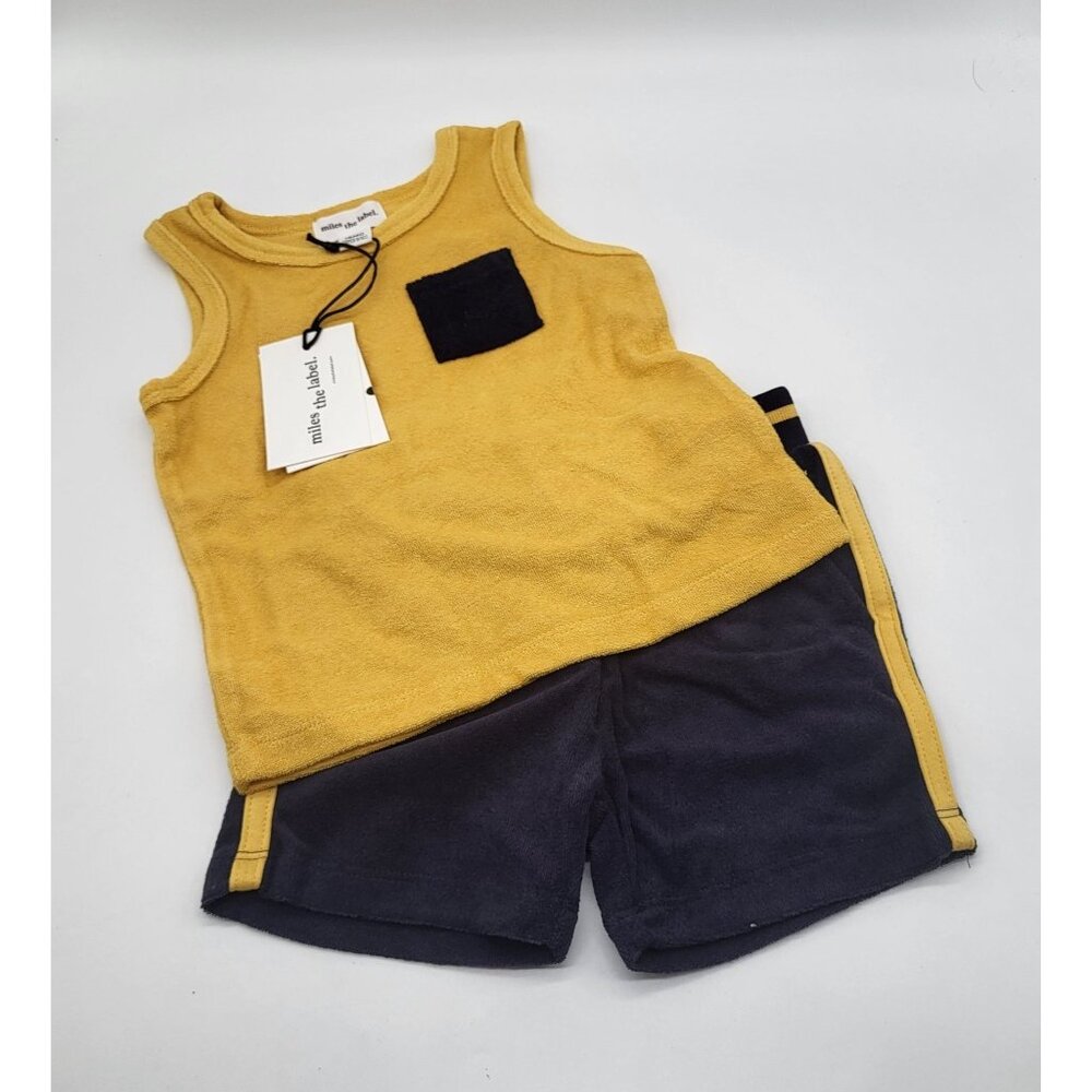 MILES THE LABEL Baby Terry Tank Top and Shorts Outfit Yellow Blue NWT